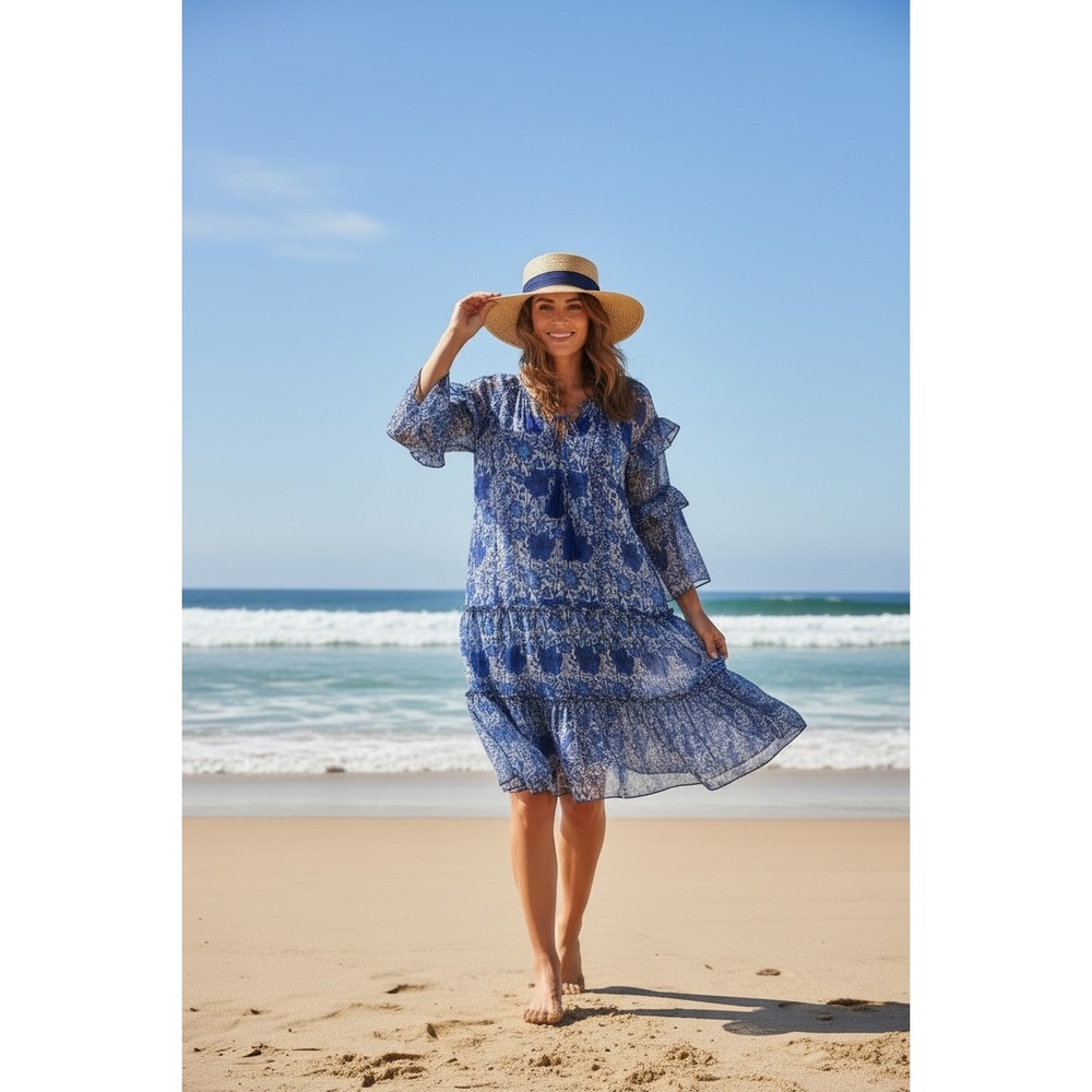 Debbie Katz South Beach NWT M Carlotta Blue‎ Chiffon Dress Boho Resort Floral